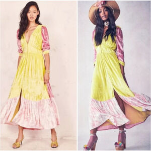 NWOT LoveShackFancy Avalon Color-Blocked Velvet Midi Dress Sz 4 Yellow #2D503